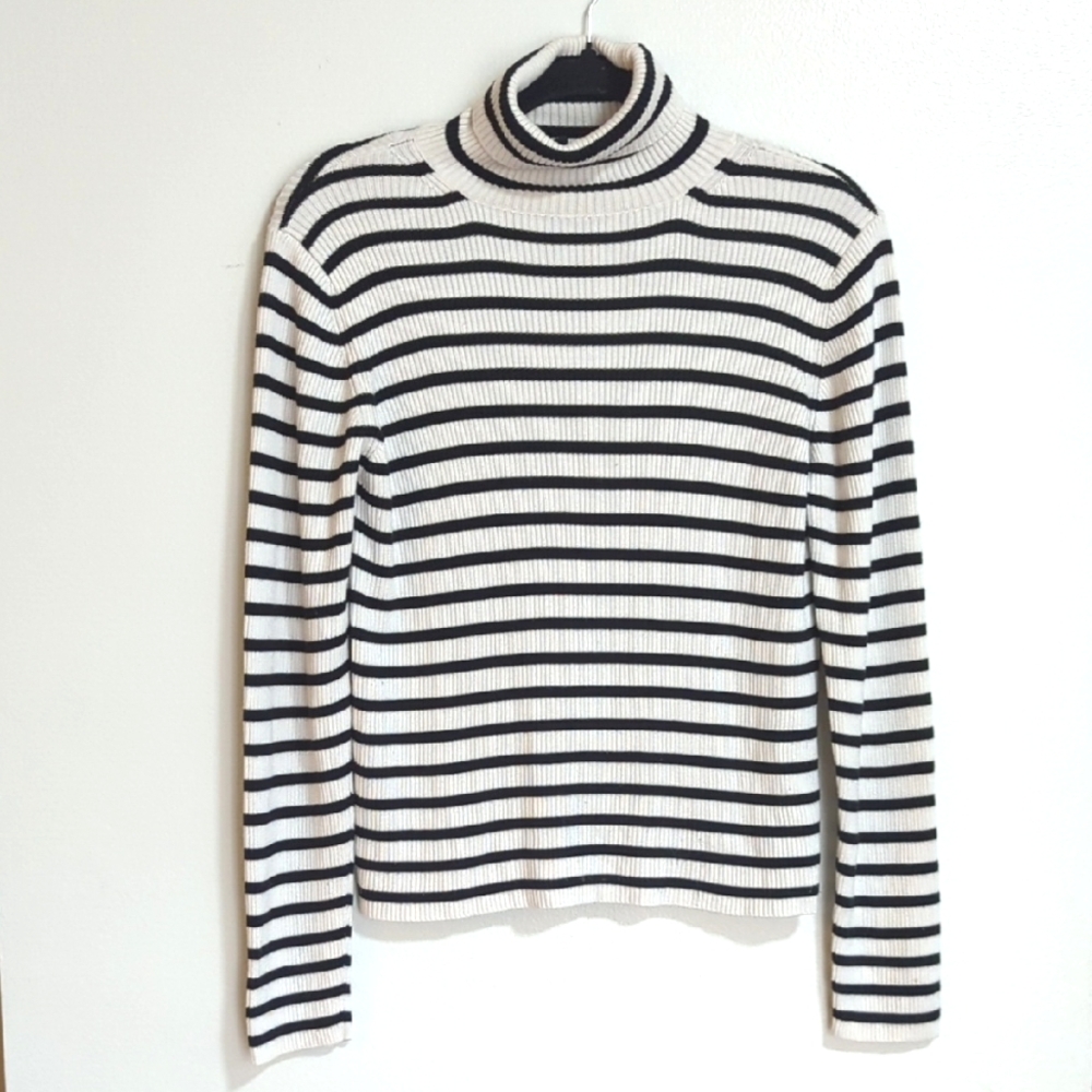 Topshop Black &‎ White Striped Long Sleeve Ribbed Turtleneck Sweater Size 10